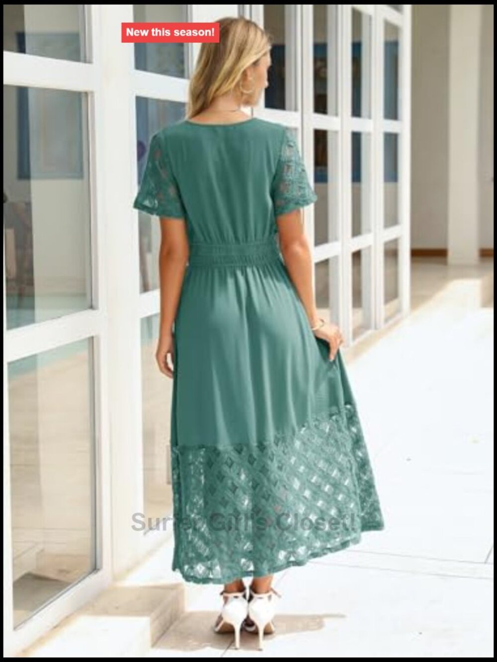 Boho Maxi Dress V Neck Empire Waist Long Flowy with Pockets Short Sleeve - Picture 5 of 7